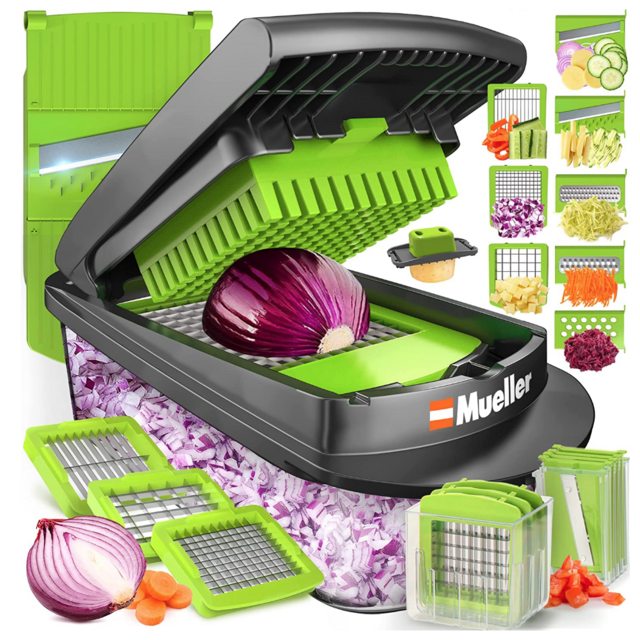 Mueller Pro-Series 10-in-1, 8 Blade Vegetable Slicer, Onion Mincer Chopper, Vegetable Chopper, Cutter, Dicer, Egg Slicer with Container