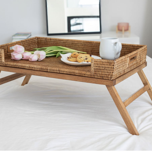 Tava Rattan Serving Tray with Stand - Honey