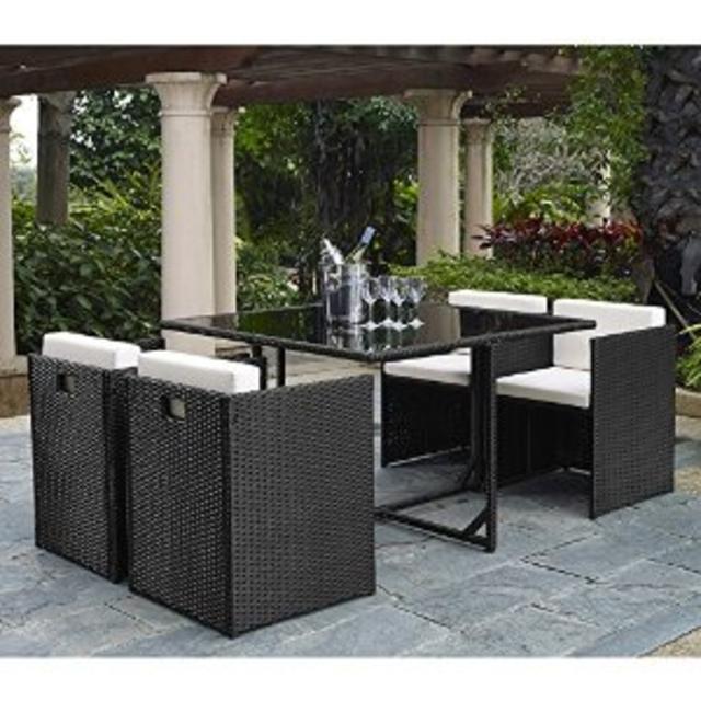 Complete Outdoor/Indoor 5 Piece Rattan Wicker Cube Dining Table Garden Patio Furniture Set, Black with Cream cushions