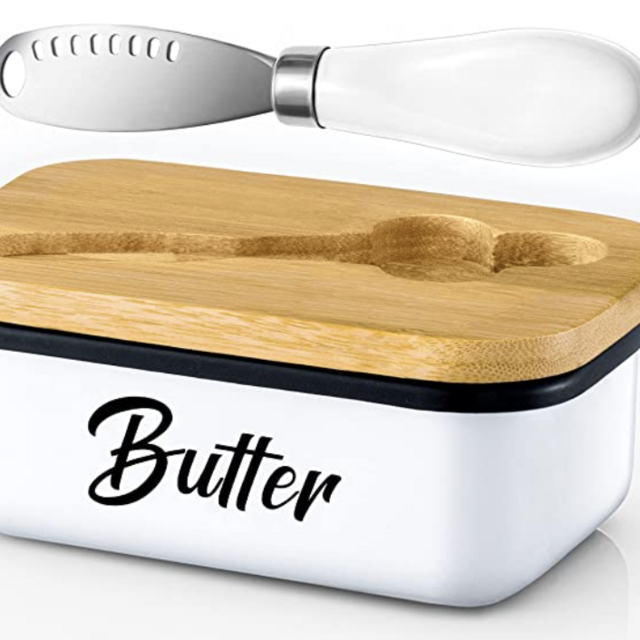 Farmhouse Butter Dish with Lid, Vivimee Metal Butter Container with Wooden Lid, White Butter Dish Keeps Your Butter Soft, Butter Keeper Holder, Butter Crock with Lid for Counter or Fridge