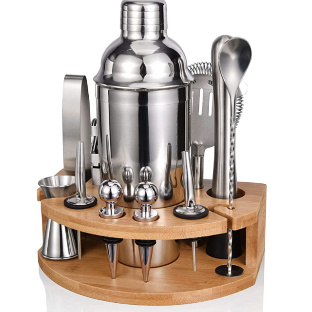 Elite Mixology Bartender Kit Cocktail Shaker Set by Barillio: Drink Mixer Set with Bar Tools, Bamboo Stand Boston Shaker Mojito Muddler Mixing Spoon Jigger Recipes Booklet