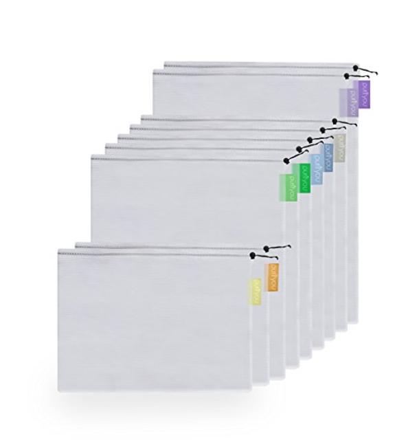purifyou Premium Reusable Mesh / Produce Bags, Set of 9, with Soft Pastel Color-Coded Tags, Two Large 12x17in, Five Medium 12x14in, and Two Small 12x8in